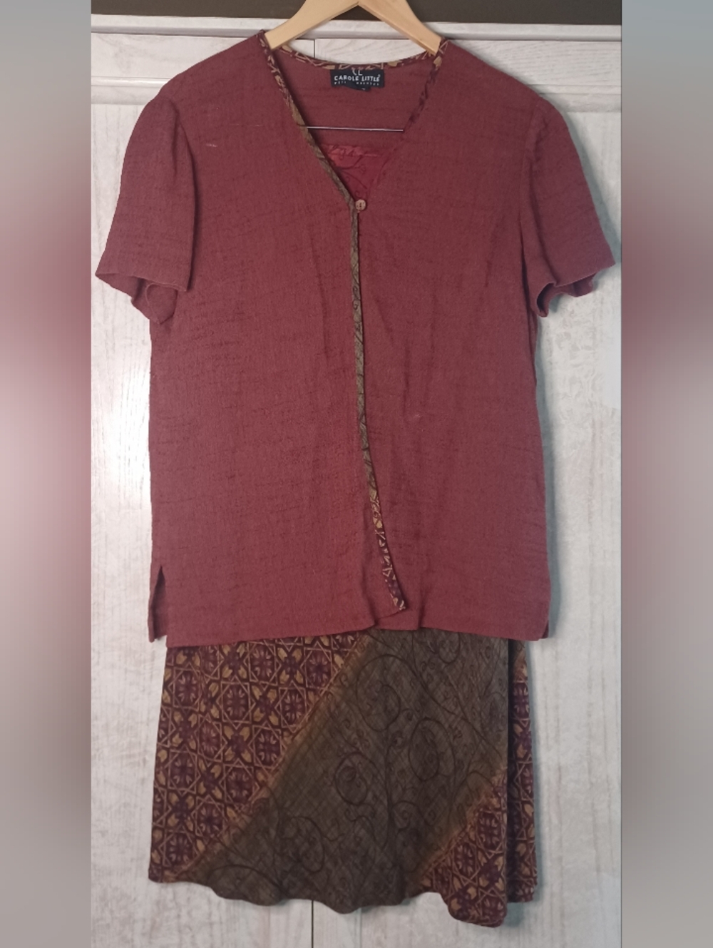 Vtg Carole Little Petites Folksy Earthy Print Skirt And Cardigan